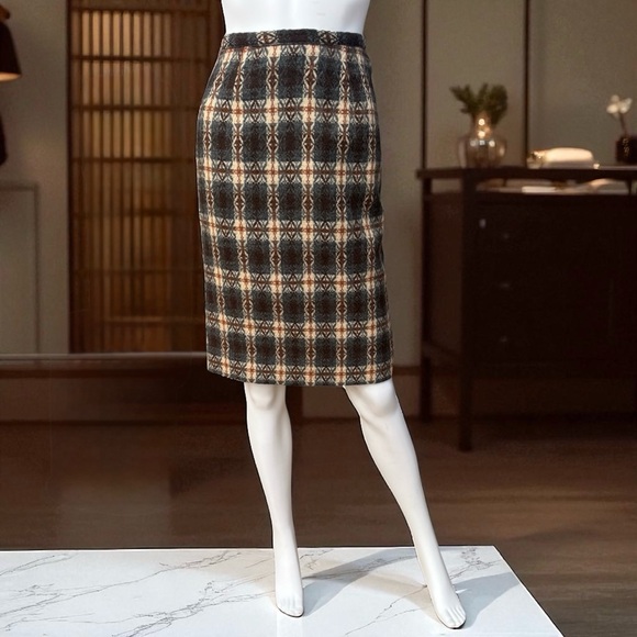 Vintage 1950’s 50's JANTZEN Brown & Gray Woven Plaid Wool Pencil Skirt Sz XS - Picture 1 of 8